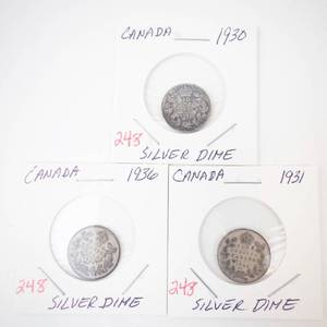 lot 248 image: 3) Canadian Silver Dimes 1930, 1931, 1936