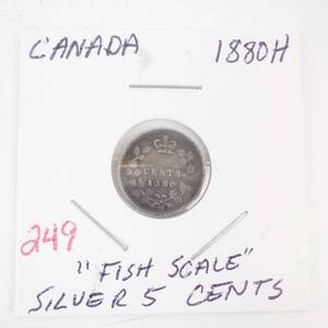 lot 249 image: 1880H Canadian fish scale silver 5 cent piece
