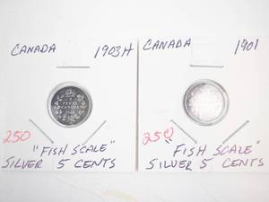lot 250 image: 2) Canadian fish Scale silver 5 cent pieces 1901, 1903H