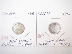 lot 251 image: 2) Canadian fish Scale silver 5 cent pieces 1912, 1918