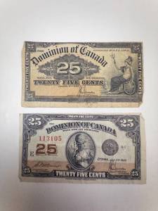 lot 266 image: Dominion of Canada Fractional currency, 25 cents 1 each of 1900, 1923