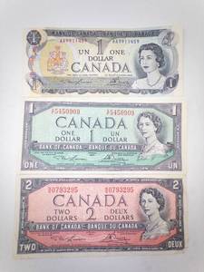lot 267 image: 3 Canadian Notes 2 dollar bill series 1954, 1 dollar bill series 1954, 1973