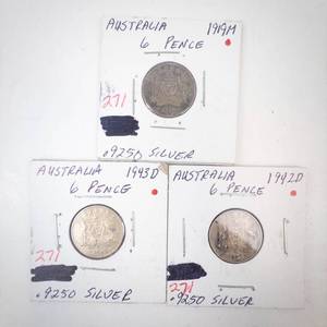 lot 271 image: Australian Silver 3) 6 pence, 1919M, 1942-D, 1943-D