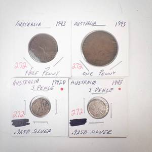 lot 272 image: Australian Silver 2) 3 pence, 1942-D, 1943 plus 1943 Large cent and 1943 half cents