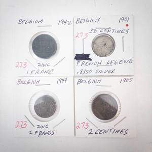 lot 273 image: Belgium Silver 1901 50 Centimes French Legend, 1905 2 centimes, 1942 1 Franc, 1944 2 Franc