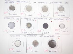 lot 278 image: Netherlands Silver 1937, 1938 10 Cents, 1942-S 110 Guilder plus 8 different vintage coins