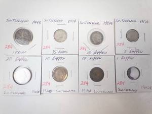 lot 284 image: Switzerland Silver 1944B 1 Franc, 1952B 12 Franc plus 6 different vintage coins