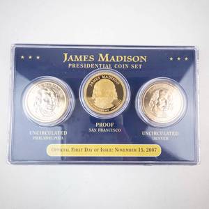 lot 303 image: 3 coin 2007 James Madison Dollar set . PD uncirculated and S Proof