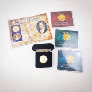 lot 309 image: collection of 6 Gold plated US coins 3 Indian Head Pennies and 3 Presidential Dollars