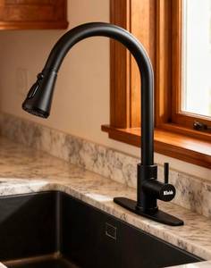 lot 218 image: Matte Black Kitchen Sink Faucet with Arched Pull Down Handle $49.99 Retail - Brand New