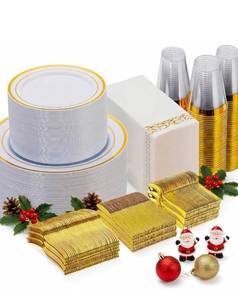 lot 219 image: 100 Person Gold Dinnerware Set Plates Napkins Silverware and Cups $86.99 Retail - Brand New