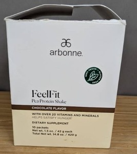 lot 240 image: Arbonne Feel Fit Pea Protein Shake Chocolate Flavor 10 Sticks - Brand New
