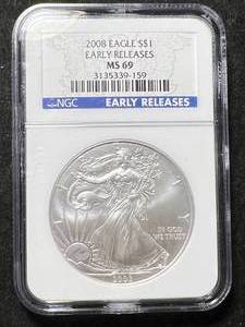 lot 28 image: 2008 AMERICAN SILVER EAGLE NGC MS69
