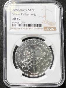 lot 29 image: 2020 AUSTRIAN PHILHARMONIC 1 TROY OZ .999 FINE SILVER NGC MS69