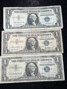 lot 66 image: 3 US BLUE SEAL 1957 $1 SILVER CERTIFICATE STAR NOTES