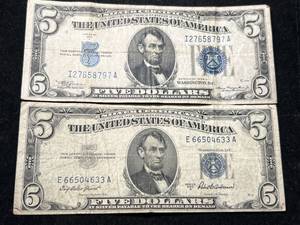 lot 70 image: 2 US BLUE SEAL $5 SILVER CERTIFICATES 1934A 1953A