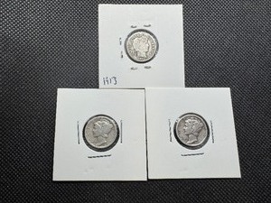 lot 33 image: Three Silver Dimes 1913 Barber, 1937 and 1943 S Mercury