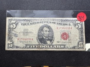 lot 34 image: 1963 Red Seal $5 Bill