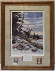 lot 66 image: Where Freedom Reigns - 1992 Limited Edition Framed Deer Print, Stamp & Coins By Derek Hansen