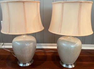 lot 65N image: SR - Pair of Table Lamps with Cream Ceramic Base and Fabric Shades
