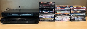 lot 74N image: SR - Sony DVD Player, Sharp AQUOS Blu-ray Player, and Collection of 40 DVDs