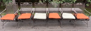 lot 76N image: Deck - Set of 6 Metal Outdoor Patio Chairs with Armrests and Cushions
