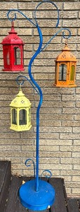 lot 102N image: Deck - Colorful Metal Lantern Stand with 3 Hanging Lanterns