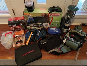 lot 107N image: LR - Camping Gear Collection with Stove, Lanterns, Cook Set, and Accessories