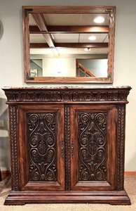 lot 13H image: LL - Elegant Carved Wood Buffet with Marble Top and Matching Mirror