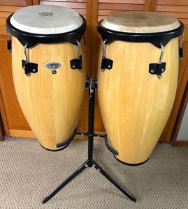 lot 43H image: LL - Cosmic Percussion Hand-Carved Conga Drum Pair with Stand