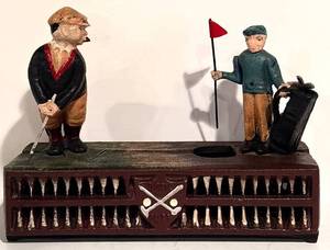 lot 58H image: LL - Vintage Cast Iron Birdie Putt Mechanical Bank Hand Painted