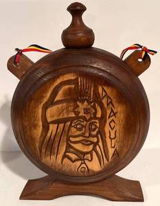 lot 119H image: LL - Vintage 1970s Carved Wooden Wine Vessel Dracula Bran Castle Folk Art