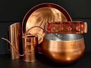 lot 123H image: LL - Set of Copper Finish Entertaining Pieces - Platter, Punch Bowl, Pitcher, Water Can, Candle Holders