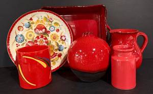 lot 124H image: LL - Collection of Red Ceramic Serveware and Decor - Casserole, Pitcher, Vases, Mug, Floral Plate