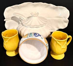 lot 128H image: LL - Ceramic Kitchenware Set with Leaf Platter, Lidded Tureen, and Yellow Mugs