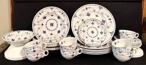 lot 130H image: LL - Vintage Denmark Blue and White Dinnerware Set Plates, Bowls, Saucers, Mugs