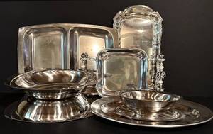lot 151H image: LL - Vintage Collection of Silver Plated Serving Trays and Bowls