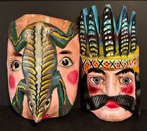 lot 153H image: LL - Pair of Vintage Hand-Painted Wooden Folk Art Masks