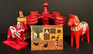 lot 156H image: LL - Vintage Swedish Wooden Decor Collection with Dala Horses and Candleholder