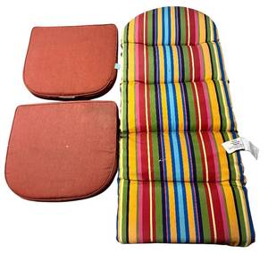 lot 160H image: DR - Set of Outdoor Chair Pillows Including 2 Red Cushions and Striped Lounger Cushion