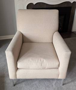 lot 12 image: LR - Room and Board Taupe Armchair with Metal Legs