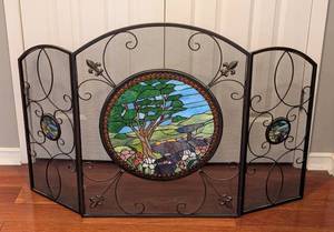 lot 22A image: ML - Stained Glass Accented Fireplace Screen with Tree and Landscape Design