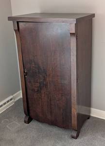 lot 24 image: LR - Vintage Mahogany Storage Cabinet with Shelves  Vintage Mahogany Music Cabinet with Shelves