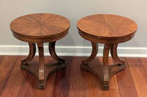 lot 29 image: LR - Pair of Drexel Round Side Tables