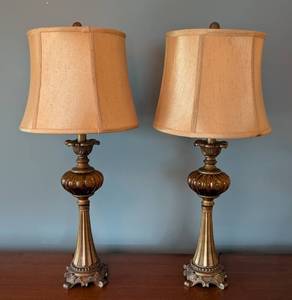 lot 38 image: LR - Pair of 28-Inch Decorative Table Lamps with Fabric Shades