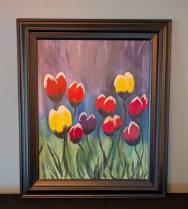 lot 87 image: LR - Framed Tulip Painting with Colorful Blooms