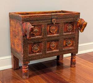 lot 193 image: ML - Painted Wooden Decorative Cabinet with Brass Accents and Animal Carvings