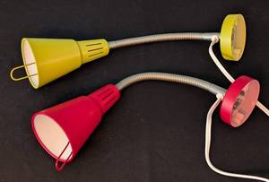 lot 196 image: ML - Pair of IKEA Adjustable Wall Lamps Red and Green 15 Inch