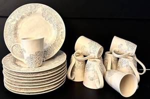 lot 197H image: DR - Pottery Barn Scarlet 9 Dinner Plates and 10 Mugs Set with Paisley Pattern