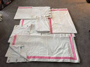 lot 200H image: LR - Set of 6 PB Teen White Drapery Panels with Pink Ribbon Trim, 52 x 84 Inches